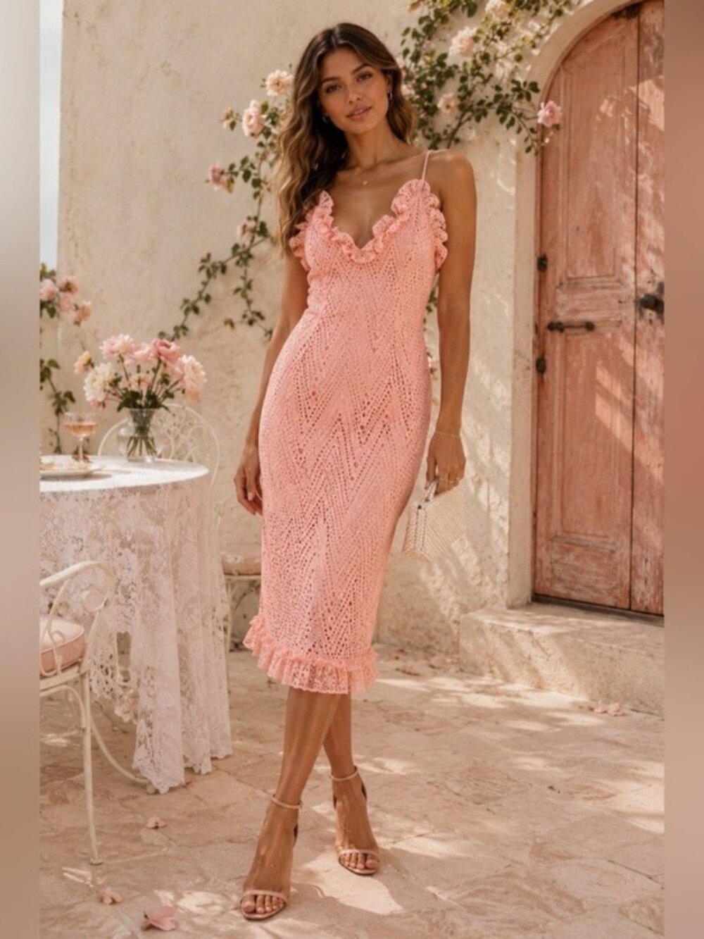 C/MEO Collective Sherbet Pink Eyelet Ruffle Midi Dress XS Cocktail Wedding